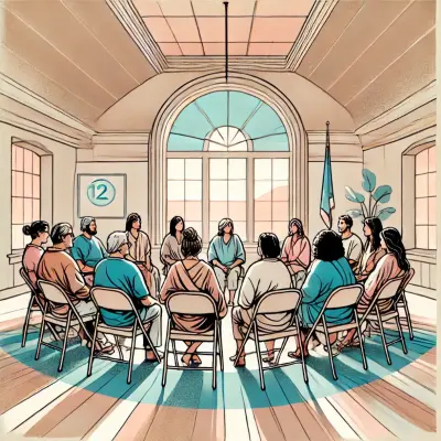 A serene and elegant illustration of a 12-step meeting. The scene shows a diverse group of people seated in a circle within a spacious room, bathed in soft natural light. The room features large arched windows, a flag, and the number 12 symbol, emphasizing the supportive and inclusive atmosphere. The color scheme includes shades of pink, blue, and white, creating a harmonious and calming effect. Some attendees are wearing masks, reflecting a consideration for health and safety. The image conveys themes of community, support, and recovery.