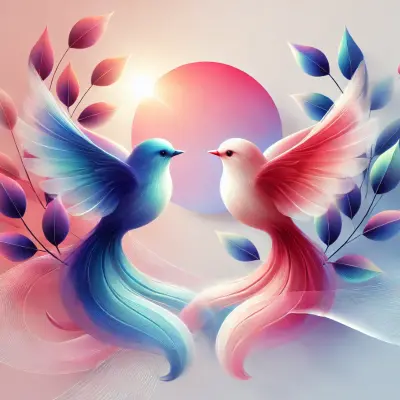 An elegant  illustration of two birds, one in shades of pink and the other in shades of blue, facing each other. The birds are surrounded by bright sunlight and abstract leaves with flowing lines symbolizing harmony and connection, creating a soft and peaceful atmosphere.