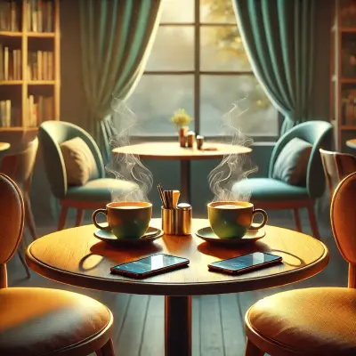 An inviting café scene featuring a round table with two steaming cups of coffee and two smartphones resting beside them. The warm sunlight filters through large windows with teal curtains, illuminating the cozy room filled with plush chairs and shelves of books. The setup suggests a moment of connection and relaxation, creating a comforting atmosphere for conversation or quiet companionship.