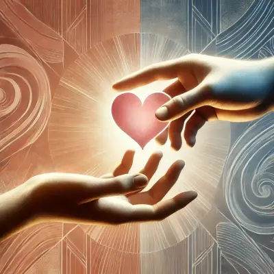 Two hands reaching toward each other, with one offering a glowing pink heart to the other. The background features abstract patterns in shades of pink, tan, and blue, radiating light from the heart at the center, symbolizing love, connection, and compassion.