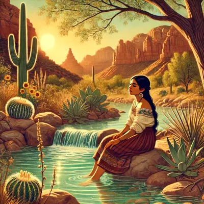 A serene illustration of a woman sitting peacefully by a rocky stream in a desert landscape. She gazes thoughtfully into the distance, her feet gently resting in the water. Surrounding her are cacti, blooming wildflowers, and agave plants, with a small waterfall adding to the tranquil atmosphere. The warm glow of the sun bathes the scene, highlighting the majestic desert cliffs and softening the natural beauty of the environment.