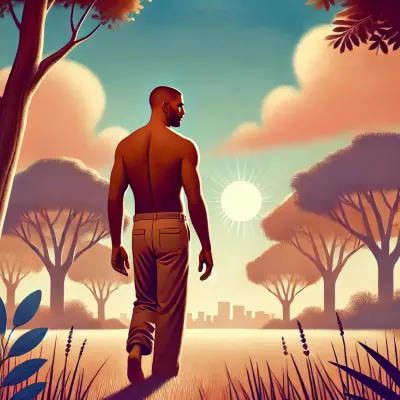 Illustration of a Black man walking down a serene path at sunset, surrounded by tall trees and soft clouds. The man, with a contemplative expression, faces away toward the horizon, bathed in warm sunlight. The scene conveys themes of reflection, growth, and forgiveness.