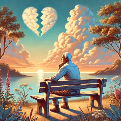 An illustration of an older man sitting thoughtfully on a wooden bench by a peaceful lake at sunset. He gazes toward the horizon, where clouds form the shape of a broken heart in the sky, symbolizing reflection on love and loss. The warm colors of the sunset cast a gentle glow over the serene landscape, surrounded by tall wildflowers and trees. The scene evokes a sense of contemplation, nostalgia, and acceptance, blending natural beauty with themes of healing and resilience.