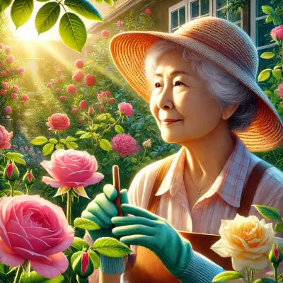 A beautiful, realistic illustration of an older woman smiling as she tends to her vibrant rose garden. She wears a sun hat, garden gloves, and an apron, standing amidst blooming pink and yellow roses. The warm sunlight bathes the scene, creating a serene and peaceful atmosphere. The lush greenery and the soft glow from the sun highlight the woman's content expression as she enjoys her time in the garden.