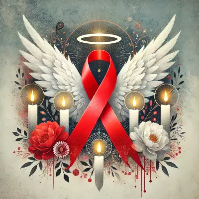 An illustration of a red AIDS awareness ribbon surrounded by five glowing candles, angel wings, and vibrant roses. A halo shines above the ribbon, symbolizing remembrance, hope, and solidarity. The composition features intricate floral and celestial details, evoking a sense of reverence and compassion.