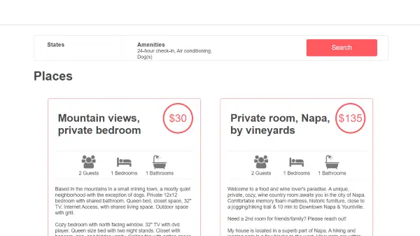 A screenshot of the Airbnb Clone project, displaying two rental listings. The listing on the left is for a 'Mountain views, private bedroom' priced at $30 per night. It includes 2 guests, 1 bedroom, and 1 bathroom. The listing on the right is for a 'Private room, Napa, by vineyards' priced at $135 per night. It also includes 2 guests, 1 bedroom, and 1 bathroom. Both listings feature icons for guests, bedrooms, and bathrooms, and brief descriptions of the accommodations. A search bar is at the top of the page, allowing users to filter results by states and amenities.