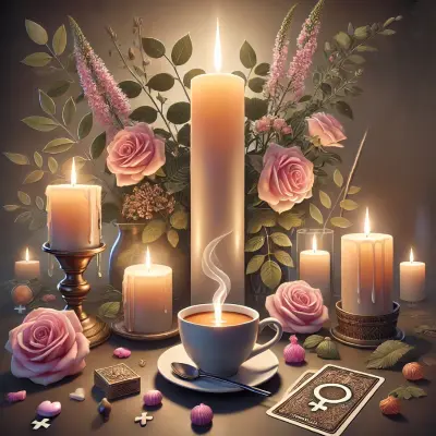 A serene altar featuring tall, lit candles of various sizes surrounded by blooming pink roses and greenery. In the center is a steaming cup of coffee on a saucer with a spoon, evoking warmth and calm. Scattered around the altar are small sweets and symbols of love, including heart-shaped decorations and a deck of oracle cards, one prominently displaying a female symbol. The soft lighting and gentle colors create a peaceful, meditative atmosphere