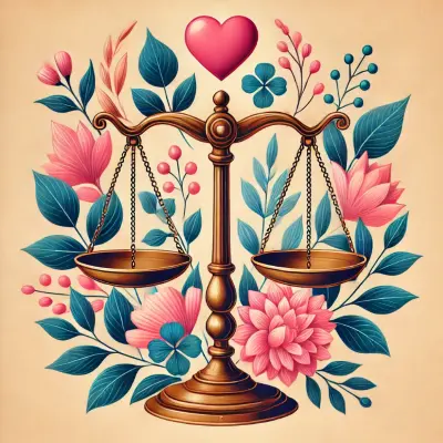 A stylized illustration of a bronze balance scale with a heart floating above it. The scale is surrounded by vibrant flowers and leaves in shades of pink and blue, symbolizing balance, love, and self-care. The background has a warm, soft tone that complements the serene and harmonious composition.