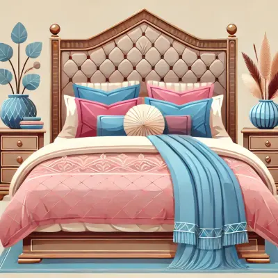 Illustration of a beautifully made bed with a headboard, adorned with pillows and a neatly arranged blanket in shades of pink, blue, and tan. The bedside tables are decorated with vases and plants, creating a cozy and inviting bedroom setting.