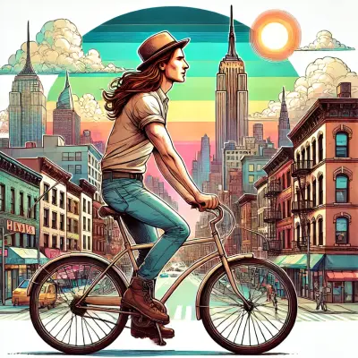 A person with long hair and a hat riding a bicycle through a vibrant, stylized illustration of a cityscape with iconic skyscrapers, colorful skies, and a bright sun