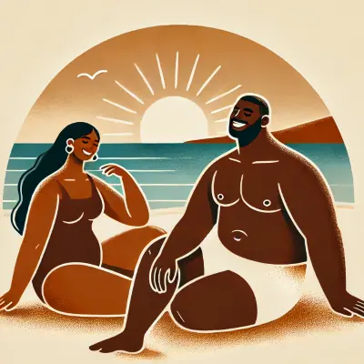 A stylized illustration of a large Black man and a Black woman sitting happily on the beach. Both are wearing swimwear, with the man shirtless and the woman in a swimsuit. They are smiling and enjoying each other's company as the sun sets in the background, casting a warm, serene glow over the ocean. The image conveys a sense of relaxation, love, and body positivity.