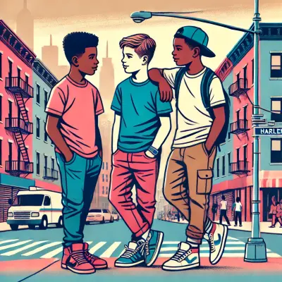 An illustration of three young boys, one white and two Black, standing on a Harlem street corner in the city. They are casually chatting, with one boy’s arm resting on the other's shoulder, symbolizing friendship and inclusion. The scene captures a vibrant city background with buildings, crosswalks, and street signs, giving it a nostalgic, warm feel.