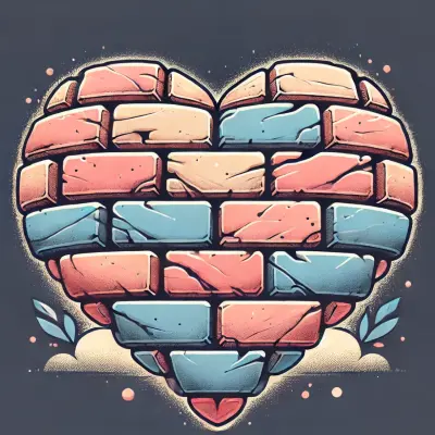 Illustration of a heart made of colorful bricks in shades of pink, blue, tan, and white, symbolizing emotional barriers and resilience. The heart is surrounded by small decorative elements and a dark background, representing strength and protection.