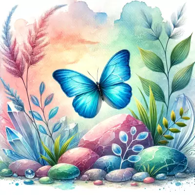 A vibrant watercolor illustration of a bright blue butterfly fluttering above colorful rocks surrounded by delicate plants and leaves. The scene features soft pastel hues of pink, green, and blue, creating a dreamy, nature-inspired atmosphere. Crystal-like formations and feathery foliage add a whimsical touch, enhancing the serene and ethereal beauty of the composition.