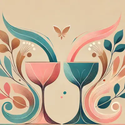 An elegant illustration of two chalices, one pink and one blue, with flowing designs and nature elements around them. The chalices are positioned as if pouring into each other, symbolizing unity and harmony. A butterfly hovers above, adding a touch of grace to the scene.