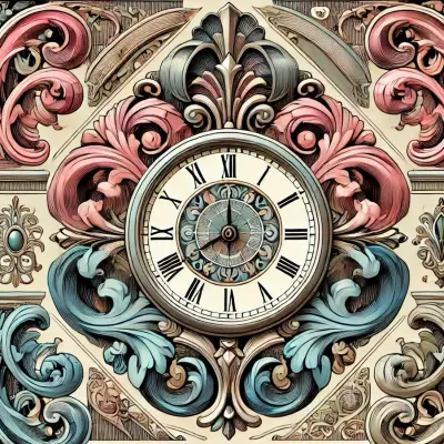 A highly detailed, ornate clock with Roman numerals, surrounded by intricate floral patterns in shades of pink, blue, and gold. The design is reminiscent of vintage baroque style, with elaborate, swirling motifs that add a touch of elegance and grandeur to the timepiece.