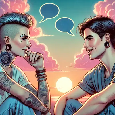 A vibrant, stylized illustration of two individuals engaged in a meaningful conversation against the backdrop of a serene sunset. The person on the left has a haircut with shaved sides, multiple piercings, and tattoos adorning their arms and neck. They are resting their chin on their hand, smiling, and listening intently. The person on the right has short, neatly styled hair, stretched ear lobes, and is also smiling warmly as they engage in the conversation. Both are wearing casual clothes, and their relaxed postures reflect a deep sense of connection and openness. Above them are two speech bubbles, symbolizing the flow of communication. The sky behind them is a gradient of warm sunset colors—pinks, oranges, and blues—with fluffy clouds and a glowing sun, creating an atmosphere of calm, reflection, and connection.