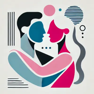 A stylized illustration of two abstract figures embracing, created with bold, geometric shapes and lines. The figures are depicted in shades of blue, pink, and black, with minimalist facial features and smooth, flowing lines. The background includes abstract circular and linear elements, adding to the modern and artistic feel of the image. The illustration conveys themes of love, connection, and intimacy.