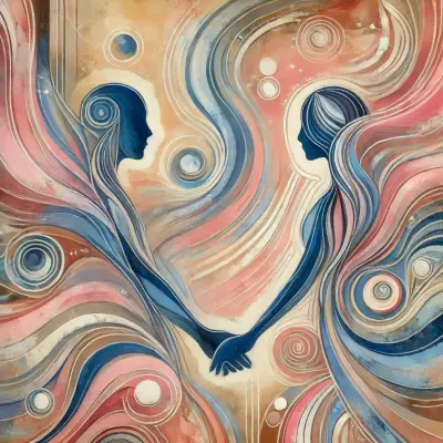 An abstract illustration of a couple holding hands, with swirling patterns in shades of blue, pink, and tan, symbolizing connection and harmony in love.