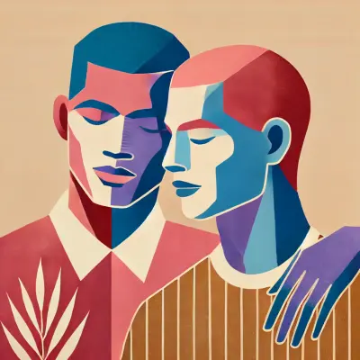 Illustration of two figures with stylized features in shades of pink, blue, and tan. They are close together, one with their hand resting on the other's shoulder, symbolizing intimacy and connection.