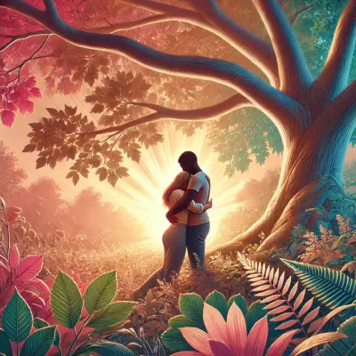 An illustration of a couple embracing under a large, majestic tree in a sunlit clearing. Warm, radiant light beams through the branches, casting a golden glow over the scene. The surrounding landscape is filled with lush, vibrant foliage in shades of pink, green, and blue, creating a serene, dreamlike atmosphere. The couple stands close, symbolizing love, unity, and peace in a beautiful natural setting.