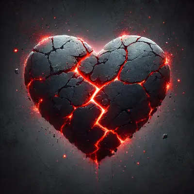 A cracked and broken heart illustration with dark, textured surfaces. The heart is split down the middle, with glowing edges emitting a soft red hue, creating a dramatic contrast against the dark background. Specks of light and dust-like particles float around the heart, emphasizing the sense of emotional intensity, pain, and heartbreak.