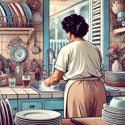 A  detailed illustration of a woman washing dishes in a cozy kitchen. The woman is seen from behind, focusing on the act of washing dishes. The kitchen is filled with details like neatly stacked plates, a glass of water, and various kitchen items in shades of pink, blue, tan, brown, and white. Through the window above the sink, a glimpse of the outside is visible, adding depth to the scene. The image conveys a sense of daily routine and care.