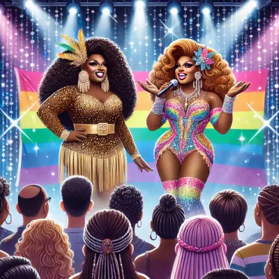 A vibrant drag show with two performers standing on stage in front of a rainbow pride flag. The performer on the left is wearing a gold gown with a feathered headpiece, while the performer on the right is in a colorful sparkling bodysuit. Both are smiling and engaging with the audience, who are watching from below with various hairstyles. Bright stage lights shine from above, highlighting the celebration of love, diversity, and community.