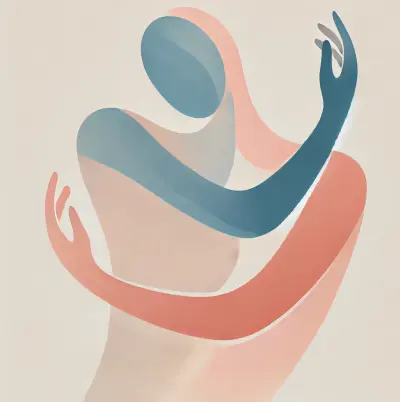 An abstract illustration of two human figures embracing, depicted in soft, flowing shapes and muted pastel colors of blue and pink. The image conveys a sense of warmth, connection, and tenderness, with the figures' arms gently wrapped around each other in a harmonious and loving gesture.