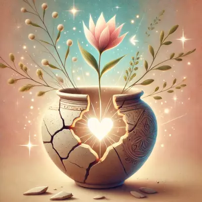 A symbolic illustration of a cracked ceramic vase with a glowing heart at its center. A delicate flower blooms from within the vase, surrounded by lush greenery and sparkling light effects. Broken shards rest at the base, emphasizing the theme of resilience and beauty emerging from imperfection.