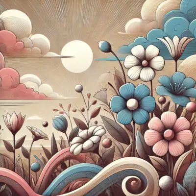 Illustration of a field with flower buds and full-bloom flowers in shades of pink, blue, and tan under a radiant sun with clouds. Swirling patterns in the foreground represent the variety and fluidity of human emotions.