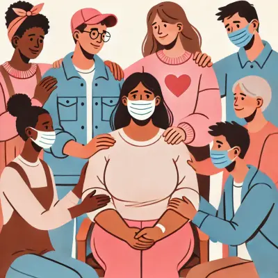 A supportive group of  diverse friends surrounding a seated woman. The friends, some wearing masks and dressed in shades of pink, blue, brown, and white, gently place their hands on the woman's shoulders, offering comfort and care. The scene is warm and empathetic, with the friends showing love and solidarity during a difficult time