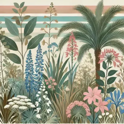 A serene and elegant illustration of a diverse garden filled with various plants and flowers. The garden features tall palm trees, lush greenery, and an array of colorful blossoms including pink, blue, and white flowers. The backdrop includes a softly striped horizon in pastel shades of pink, blue, and white, enhancing the tranquil and harmonious atmosphere. The overall scene evokes a sense of peacefulness and natural beauty.