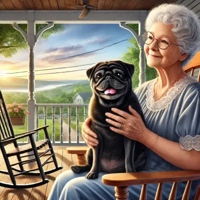 A joyful elderly woman with glasses sitting on a porch in a wooden rocking chair, holding a happy black pug in her lap. The scene is bathed in warm sunlight, with a peaceful view of trees, a garden, and a quaint house in the background. The image evokes feelings of comfort, companionship, and serenity.