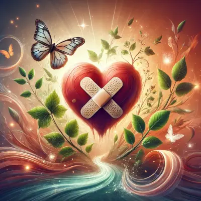 An illustration of a heart with two crossed bandages, symbolizing healing, surrounded by vibrant green leaves, flowing water, and butterflies. Soft rays of light radiate from the heart, creating a warm, glowing atmosphere. The scene is filled with swirling natural elements, representing growth, renewal, and resilience. The presence of butterflies adds a touch of transformation and hope, conveying the journey of emotional recovery and strength.