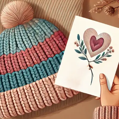 A cozy knitted winter hat in shades of pink, blue, and tan with a fluffy pom-pom, placed on a soft pillow. A hand holds a handmade card with a heart and floral design, symbolizing love and warmth. The scene is accented with dried flowers, evoking a sense of care, craftsmanship, and personal touch.