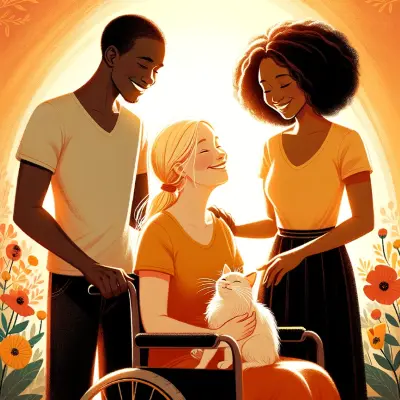 An illustration featuring three happy individuals: a white woman with blonde hair sitting in a wheelchair, smiling lovingly with a fluffy white cat on her lap. Beside her, a Black man and a Black woman stand, both with joyful expressions. They are outdoors, surrounded by vibrant orange flowers, with a soft, glowing light in the background, symbolizing love, care, and unity. The scene radiates warmth and connection between the three individuals and their surroundings.