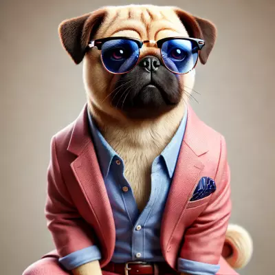 A stylish pug wearing a tailored pink suit jacket, a light blue button-up shirt, and a navy pocket square. The pug also sports blue-tinted sunglasses, exuding a fashionable and confident vibe. The background is a neutral tone, making the pug's outfit and accessories stand out prominently