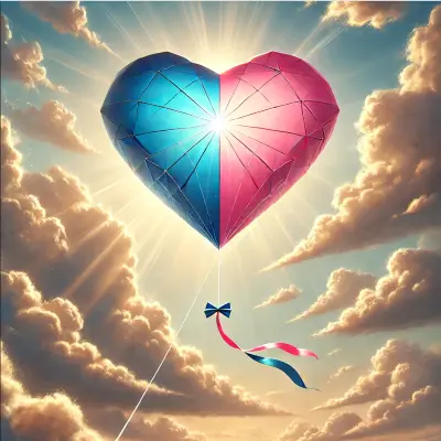 A realistic illustration of a heart-shaped kite soaring in a bright, sunny sky. The kite is divided into pink and blue sections, symbolizing love and harmony. It is tethered by a delicate string with a small bow, flying gracefully among soft, fluffy clouds. The sun's rays shine gently, creating a warm and uplifting atmosphere, evoking feelings of love, freedom, and joy.