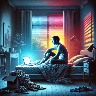 A man sits alone on an unmade bed, illuminated by the glow of a laptop screen in a dimly lit room. His expression is thoughtful, as he gazes at the screen. In the background, a window reveals the vibrant colors of the outside world, filled with plants and sunlight, contrasting with the dim, indoor setting. A pile of clothes rests in a box on the floor, contributing to the sense of isolation and contemplation. The image balances feelings of solitude, introspection, and the potential for connection beyond the digital realm.