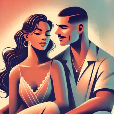 An illustration of a loving Latinx couple sitting closely together, gazing at each other with content expressions. The woman, wearing a flowing white dress and hoop earrings, leans gently against the man, who is dressed in a short-sleeved button-up shirt. The background features soft shades of pink, blue, and tan, evoking warmth and intimacy.