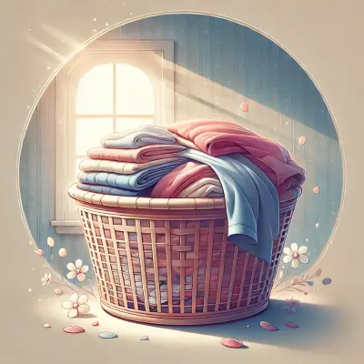 An illustration of a laundry basket filled with neatly folded clothes in soft shades of pink, blue, tan, and white. Gentle sunlight streams through a nearby window, casting a warm glow on the scene. Delicate flower petals are scattered around, adding a touch of beauty and care, evoking a sense of organization, renewal, and self-care.