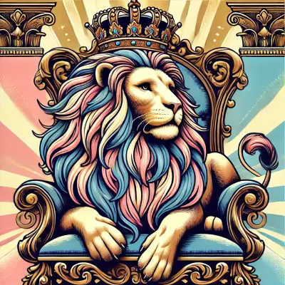 Stylized illustration of a majestic royal lion with a golden crown, sitting regally on a throne. The lion is depicted in shades of pink, blue, tan, brown, and gold, with a lush, flowing mane and a noble expression. The background incorporates these colors, emphasizing the regal and vibrant atmosphere.