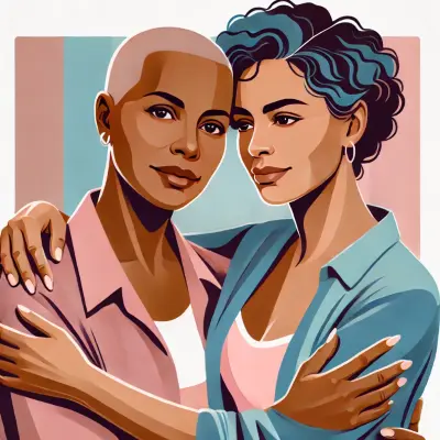 Illustration of two women embracing, one with a shaved head and the other with curly hair. The background features shades of pink, blue, and tan