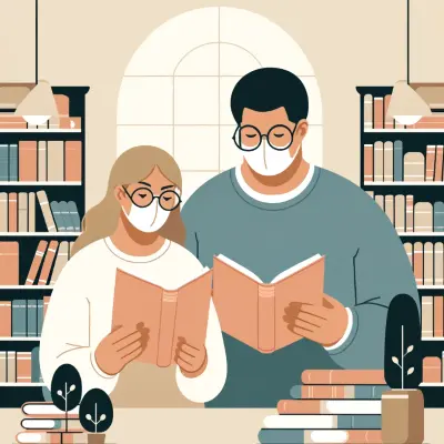 A serene and elegant illustration of a man and woman wearing glasses and face masks in a library. They are standing close together, each holding an open book and reading. The library setting features shelves filled with books in the background, soft lighting from overhead lamps, and a large window providing natural light. The atmosphere is calm and studious, emphasizing safety and shared learning in a quiet environment.