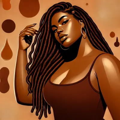 An illustration of a confident woman with long, textured locs flowing over her shoulder. She gazes directly ahead with a calm, empowered expression, wearing hoop earrings and a sleeveless top. The warm, earthy tones of the background complement her rich skin tone and highlight the beauty of her natural hair. Abstract shapes in varying shades of brown surround her, emphasizing themes of strength, self-love, and cultural pride.