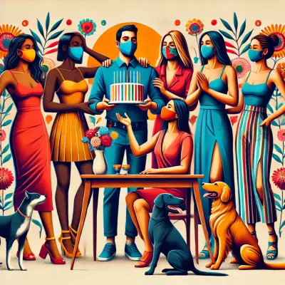 A stylized illustration of a group of seven people, all wearing masks, gathered around a table. The central figure holds a cake, while others stand around in vibrant, festive attire. The scene includes three happy dogs sitting near the group. The background features bold floral patterns, creating a celebratory and harmonious atmosphere.