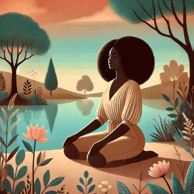 A serene illustration of a Black woman sitting by a calm lake, meditating peacefully in a natural setting. The scene is surrounded by soft, pastel-colored flowers, trees, and greenery, with a warm sunset casting hues of orange, blue, and pink across the sky and water. The woman, dressed in a flowing blouse and trousers, has a peaceful expression, evoking a sense of calm, reflection, and connection with nature. The composition emphasizes harmony, tranquility, and mindfulness.