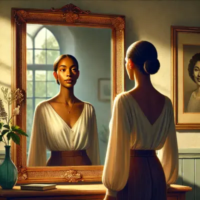 A tan-skinned woman stands in front of a large, ornate mirror, gazing at her reflection with a serene and contemplative expression. Sunlight streams through a nearby window, casting a warm glow on her face. The woman wears a simple yet elegant white blouse and brown skirt. On the table beside her, there is a vase with flowers and a book. In the background, an old family photo of a smiling woman in a frame is visible, adding a sense of reflection and connection to her past. The scene evokes feelings of introspection, self-acceptance, and love.