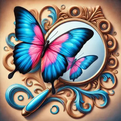 A realistic illustration of a butterfly with vibrant blue and pink wings perched on the handle of a mirror, with its reflection visible in the glass. The mirror is framed by intricate decorative elements in shades of blue and gold, adding a sense of elegance and depth. The image evokes themes of transformation, self-reflection, and beauty, with the butterfly symbolizing growth and change